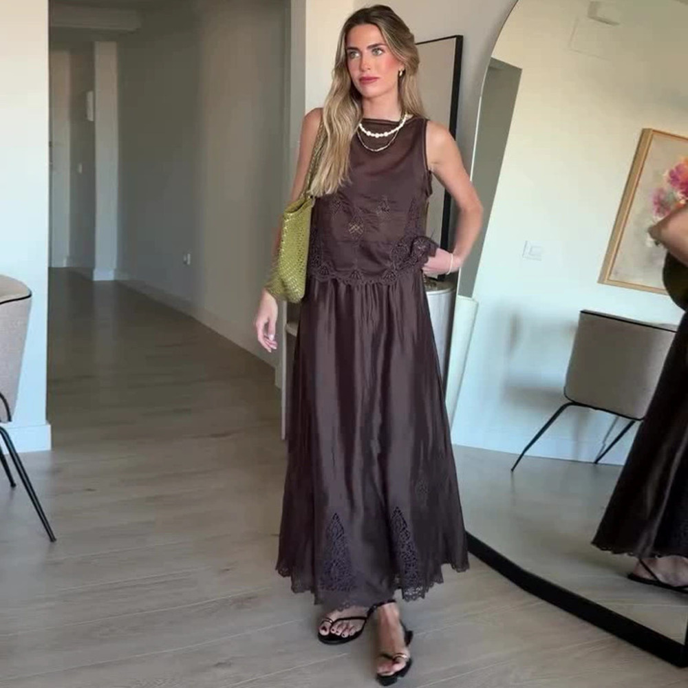 Forever 21 Summer Loose Simple Sleeveless Round-Neck Dark Brown Set